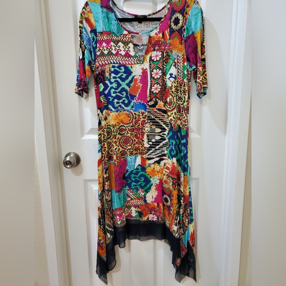 Cupio Colorful Abstract Pattern Stretch Knit Shark Bite Women's Dress Size M